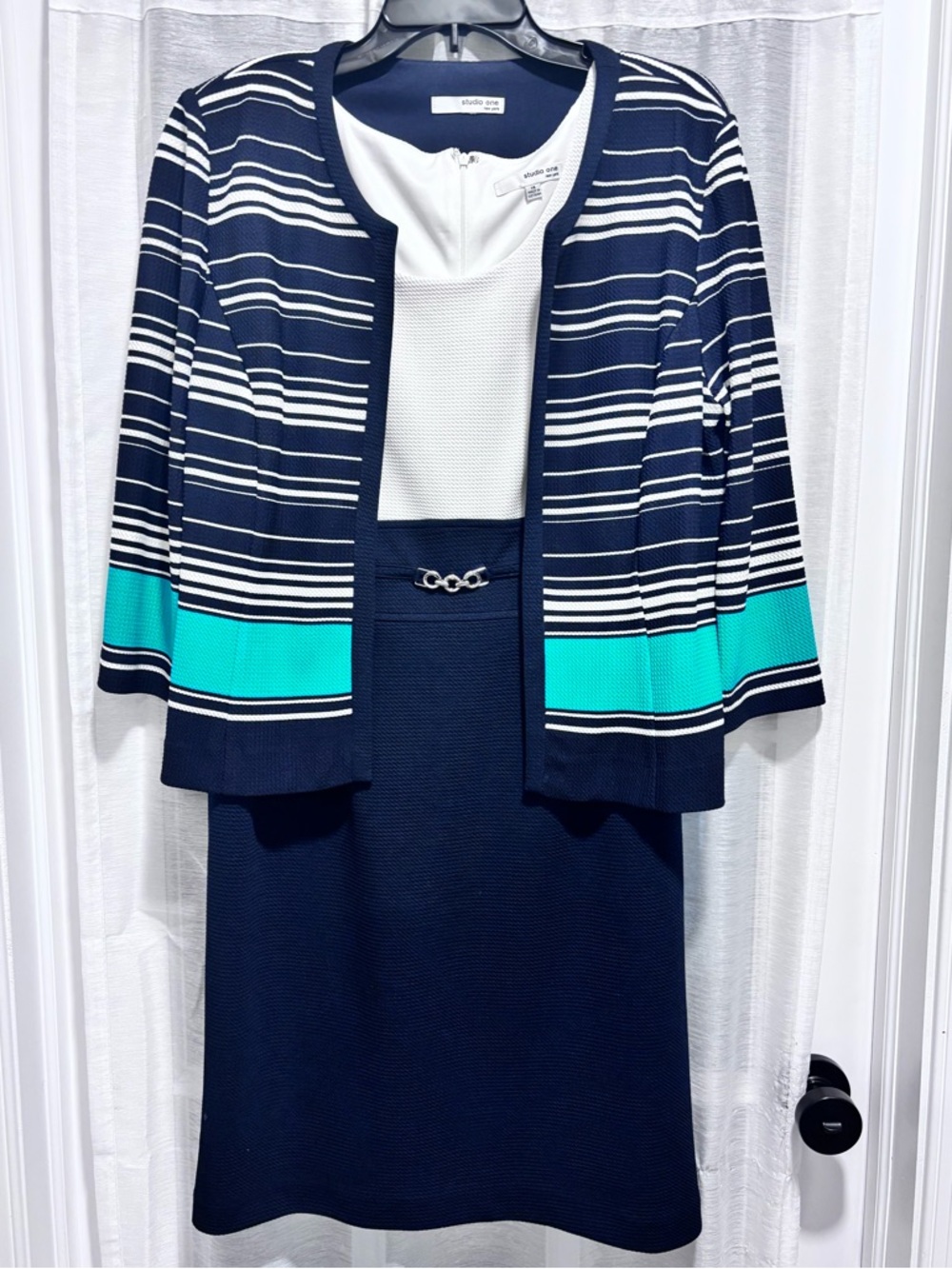 Studio One Navy Blue White Green Striped Jacket Sleeveless Dress Set 14 Stretch